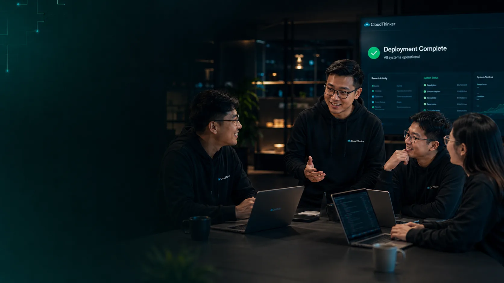 CloudThinker operating model in action — engineers reviewing a deployment with the CloudThinker dashboard reporting 'Deployment Complete · All systems operational'