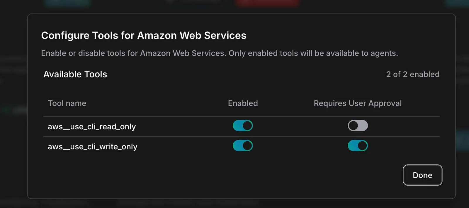 Tool configuration for a cloud connection: each tool can be enabled, and separately set to require user approval before it runs.