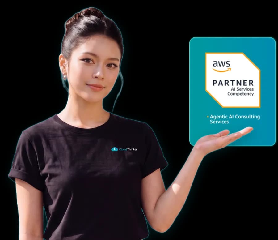 A CloudThinker team member presenting the AWS Partner AI Services Competency badge for Agentic AI Consulting Services