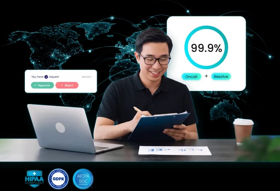 An engineer approving a request beside a global operations map, an uptime dial, and HIPAA, GDPR and SOC compliance marks