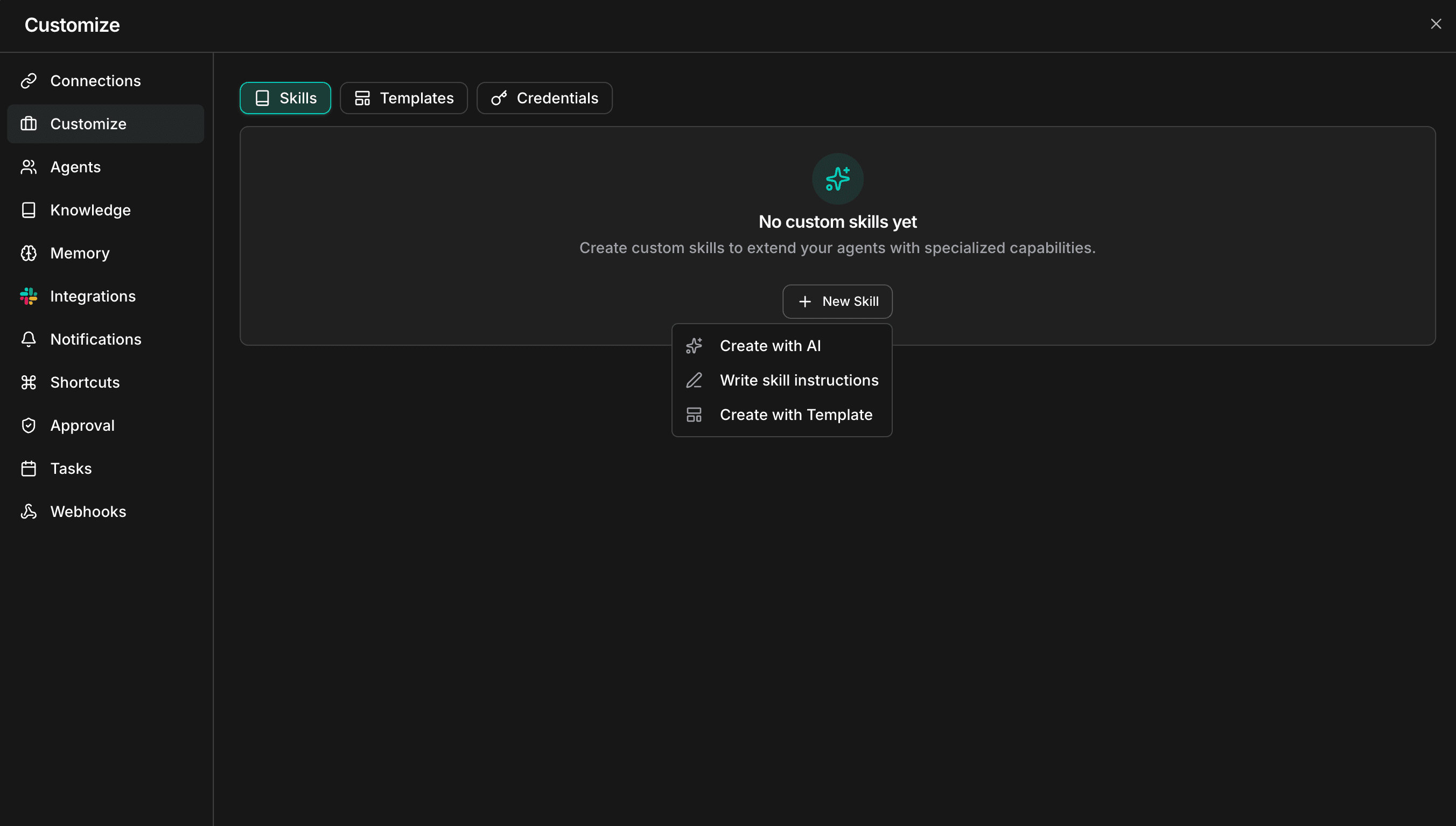 New Skill dropdown showing Create with AI, Write skill instructions, and Create with Template options