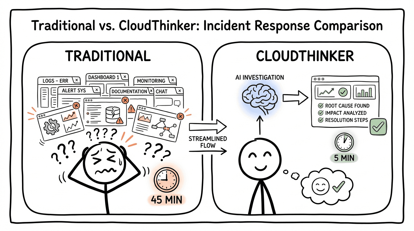 Side-by-side comparison: Traditional approach with stressed engineer juggling multiple dashboards for 45 minutes versus CloudThinker's AI-powered streamlined investigation completing in 5 minutes