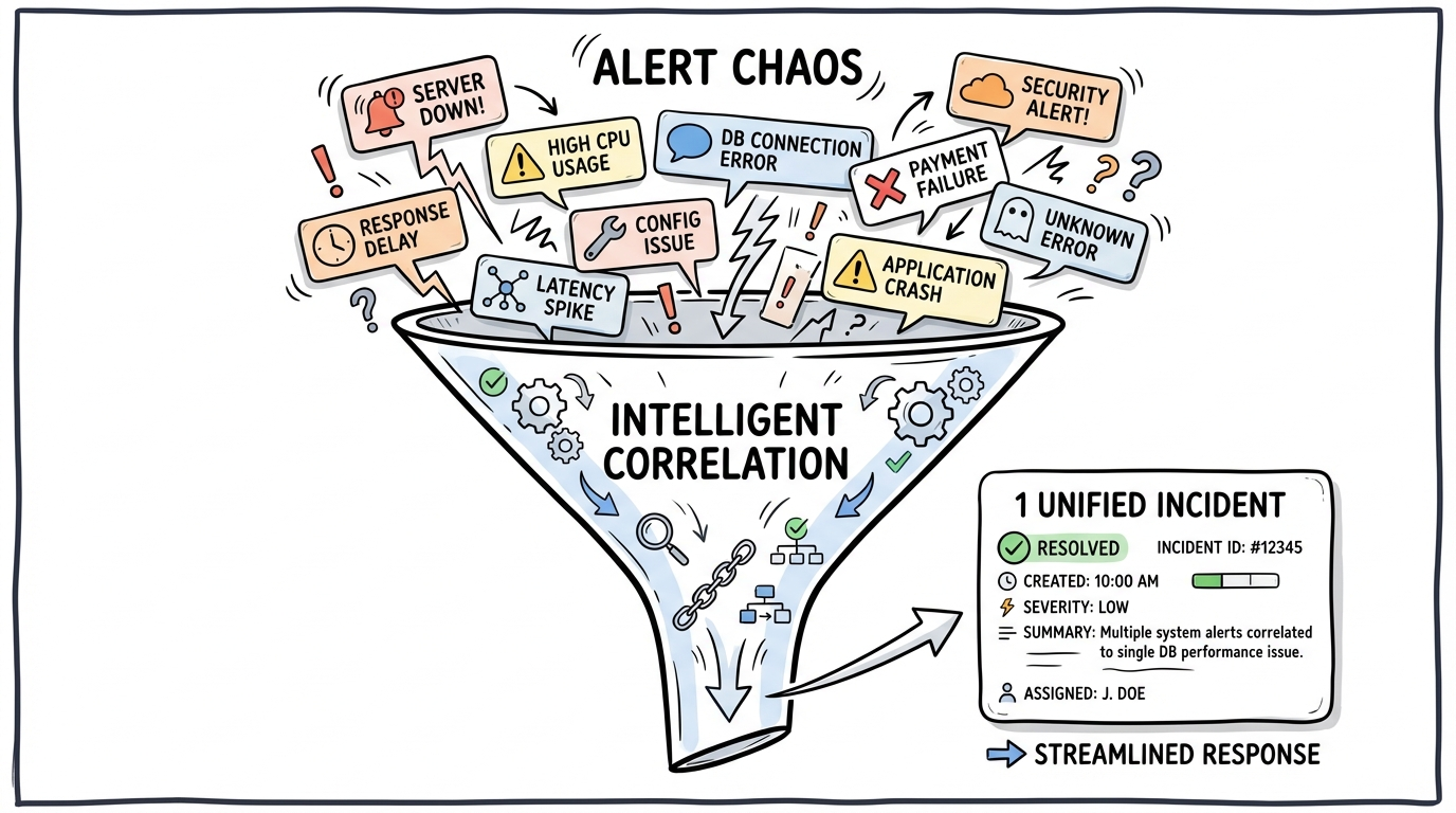 Alert chaos funnel showing multiple scattered alerts (server down, high CPU, latency spike, DB connection timeout) being intelligently correlated into 1 unified incident