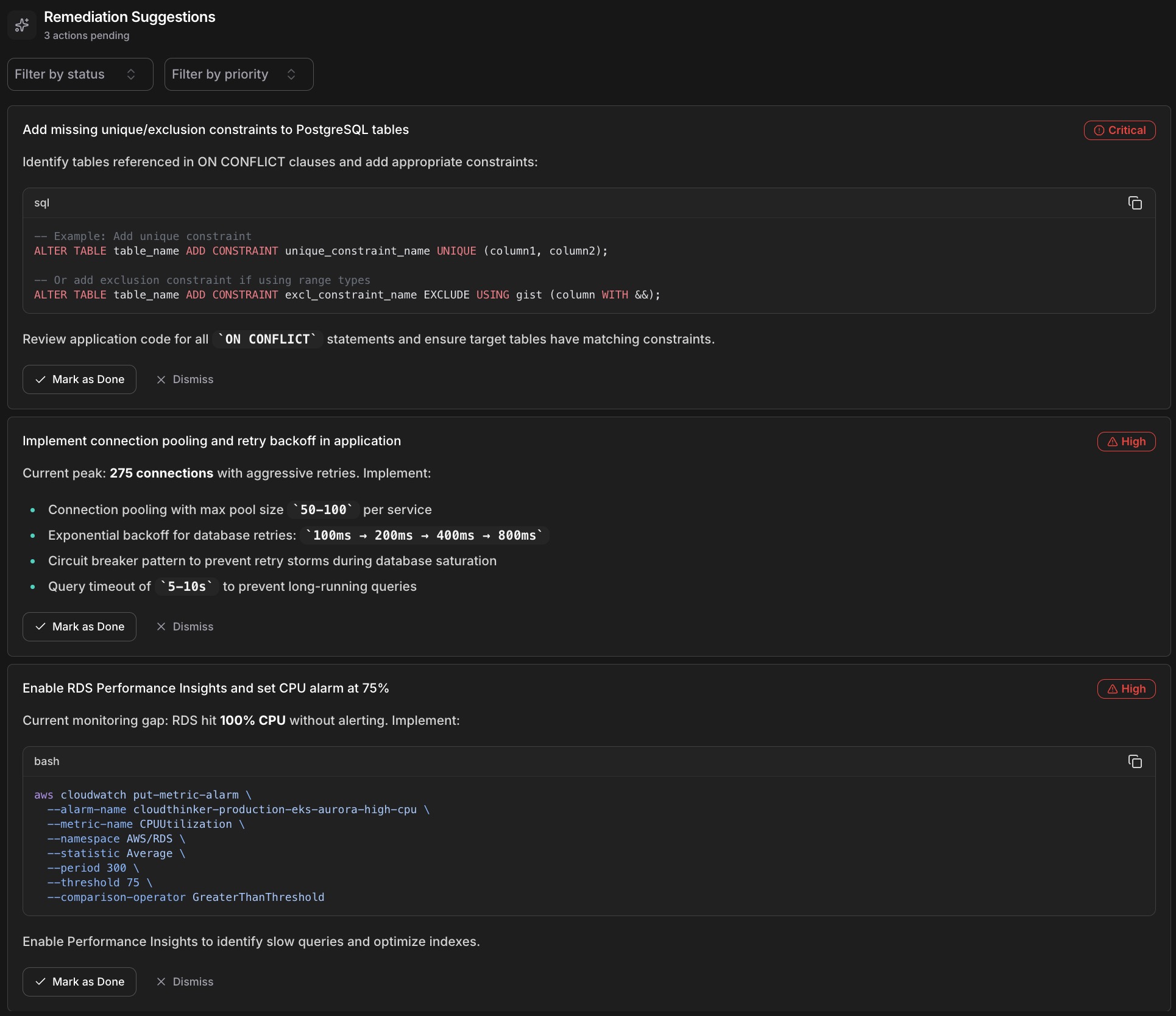 CloudThinker Remediation Suggestions showing prioritized actions: Critical SQL constraint fixes, High-priority connection pooling recommendations, and monitoring setup with code examples